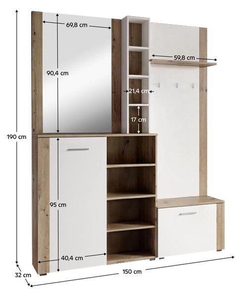 Set mobilier hol Fulgores (stejar artisan + alb) (cu oglindă). 1116335