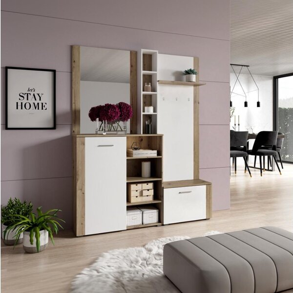 Set mobilier hol Fulgores (stejar artisan + alb) (cu oglindă). 1116335
