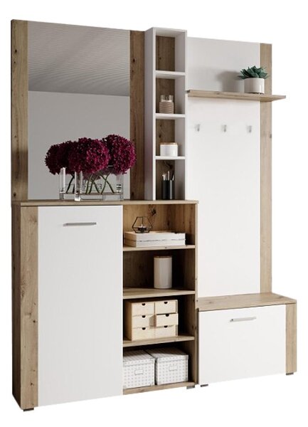Set mobilier hol Fulgores (stejar artisan + alb) (cu oglindă). 1116335