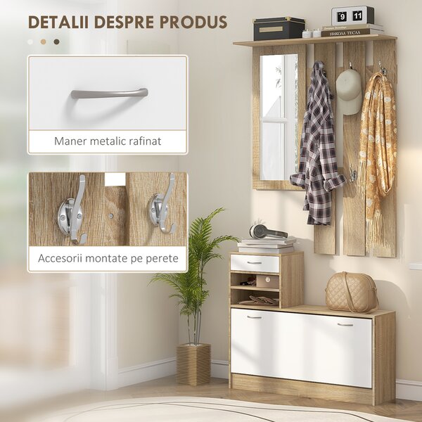 HOMCOM Set de Mobilier pentru Hol cu Raft pentru Pantofi, Oglindă și 2 rafturi Reglabile, 90x24x177 cm, Lemn Natural | Aosom Romania