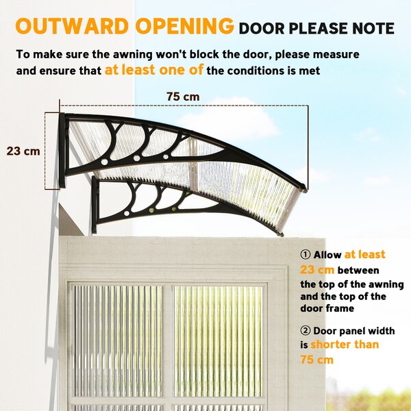 Outsunny Copertină Usa din Policarbonat, Acoperiș pentru Ușă sau Fereastră Impermeabilă Anti-UV, 75x120x23cm, Transparent si negru| Aosom Romania