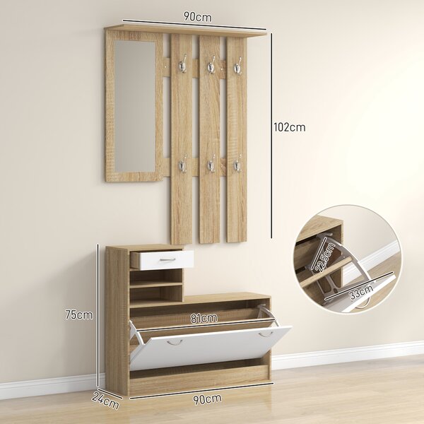 HOMCOM Set de Mobilier pentru Hol cu Raft pentru Pantofi, Oglindă și 2 rafturi Reglabile, 90x24x177 cm, Lemn Natural | Aosom Romania