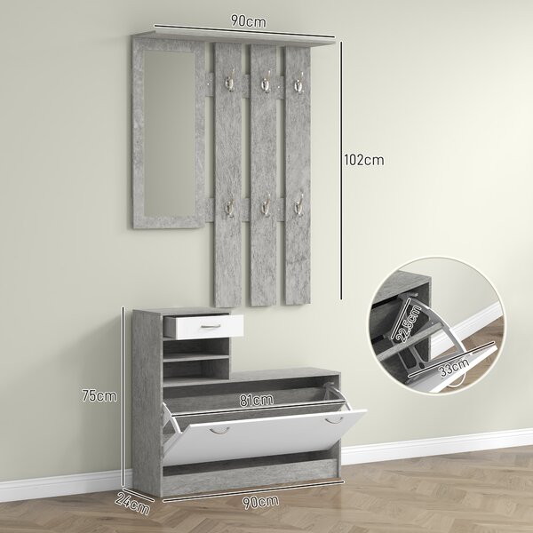 HOMCOM Mobilier Hol, 3 piese, cu Raft pentru Haine, Oglindă, 6 Cârlige, 2 Rafturi și Sertare, 90x24x177 cm, Gri | Aosom Romania
