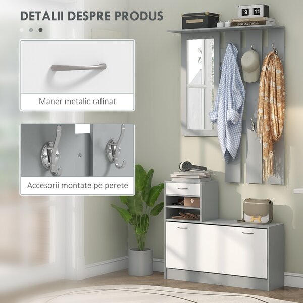 HOMCOM Set de Mobilier pentru Hol cu Raft pentru Pantofi, Oglindă și 2 rafturi Reglabile, 90x24x177 cm, Gri | Aosom Romania