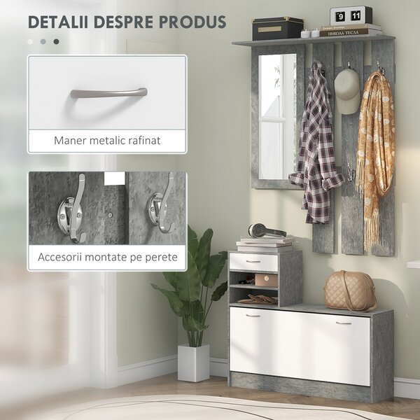 HOMCOM Mobilier Hol, 3 piese, cu Raft pentru Haine, Oglindă, 6 Cârlige, 2 Rafturi și Sertare, 90x24x177 cm, Gri | Aosom Romania