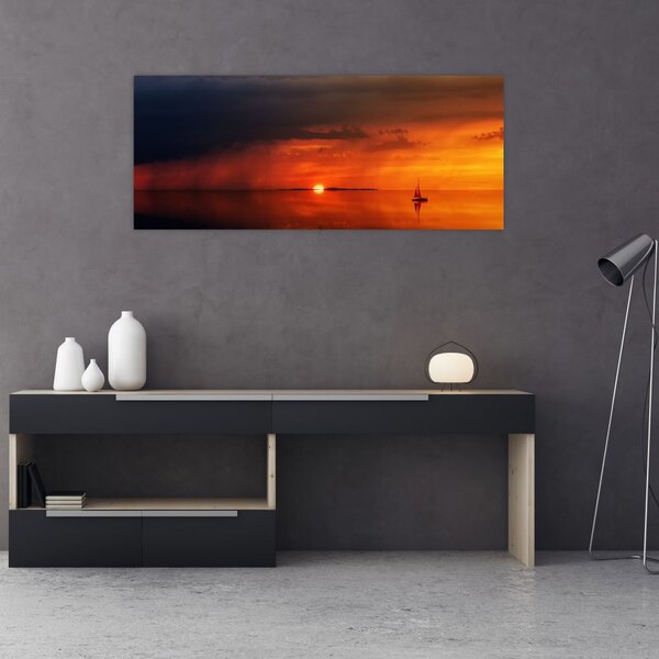 Tabloul apusului de soare cu barca (120x50 cm)