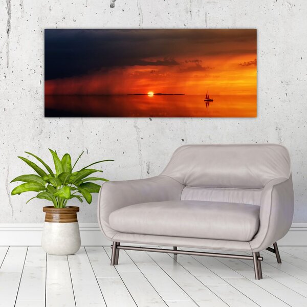 Tabloul apusului de soare cu barca (120x50 cm)