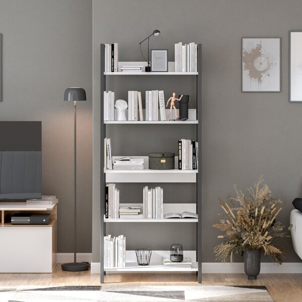 Biblioteca Adore Profile cu 5 rafturi, Alb - Maro - Stejar, 73x172x35 cm