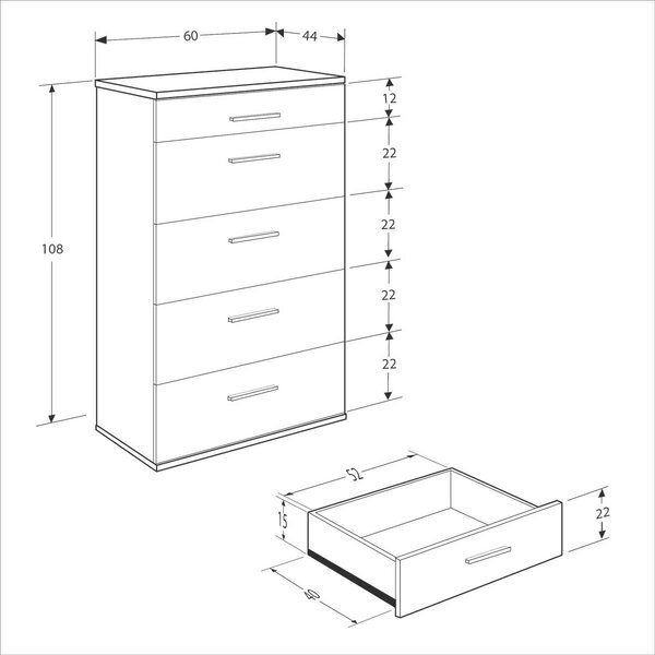 Comoda Adore Trendline cu 5 sertare, Alb - Maro - Stejar - Mov, 60x108x44 cm