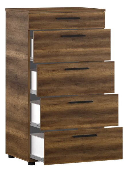 Comoda Adore Trendline cu 5 sertare, Alb - Maro - Stejar - Mov, 60x108x44 cm