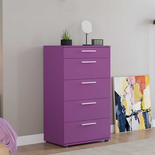 Comoda Adore Trendline cu 5 sertare, Alb - Maro - Stejar - Mov, 60x108x44 cm