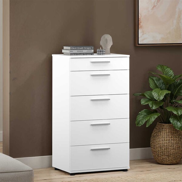 Comoda Adore Trendline cu 5 sertare, Alb - Maro - Stejar - Mov, 60x108x44 cm
