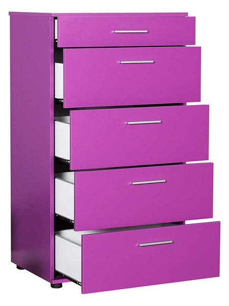 Comoda Adore Trendline cu 5 sertare, Alb - Maro - Stejar - Mov, 60x108x44 cm