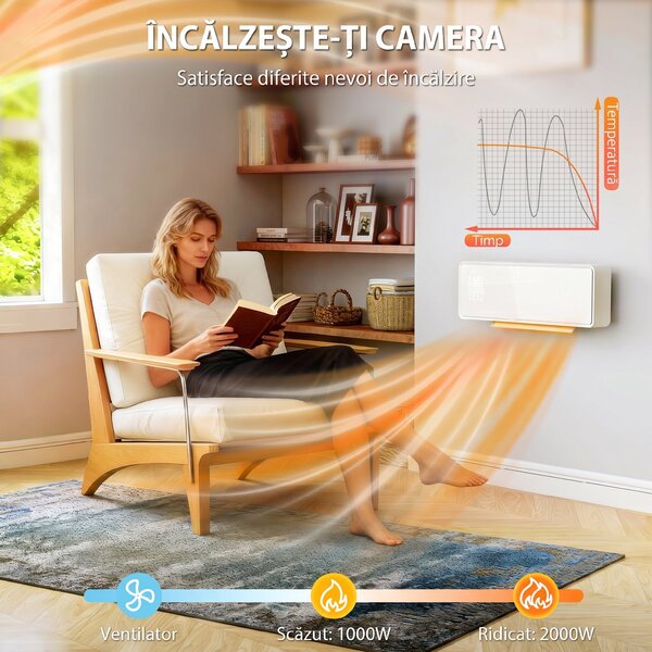 HOMCOM Încălzitor în ceramicâ de perete 2000W, 3 moduri, Temporizator, Panou de sticlă Alb | Aosom Romania
