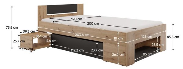 Pat de o persoană 120 cm Uniforme (stejar artisan + antracit) (cu sp. depozitare). 1116534