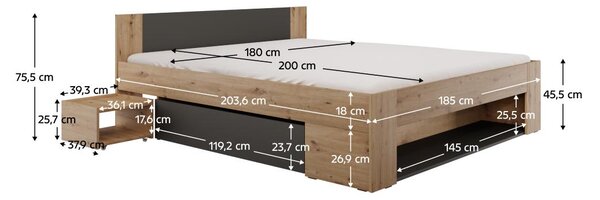 Pat matrimonial 180 cm Uniforme (stejar artisan + antracit) (cu sp. depozitare). 1116536