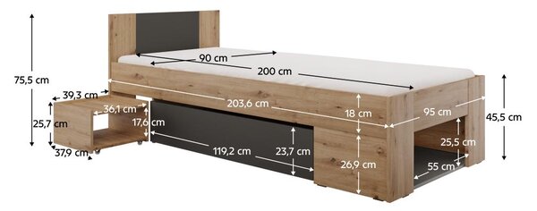 Pat de o persoană 90 cm Uniforme (stejar artisan + antracit) (cu sp. depozitare). 1116537