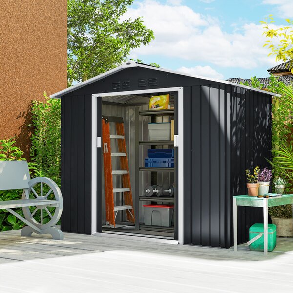 Outsunny Magazie de grădină metalică 2,77 m², 213 x 130 x 185 cm cu fundație, uși culisante, gri închis | Aosom Romania