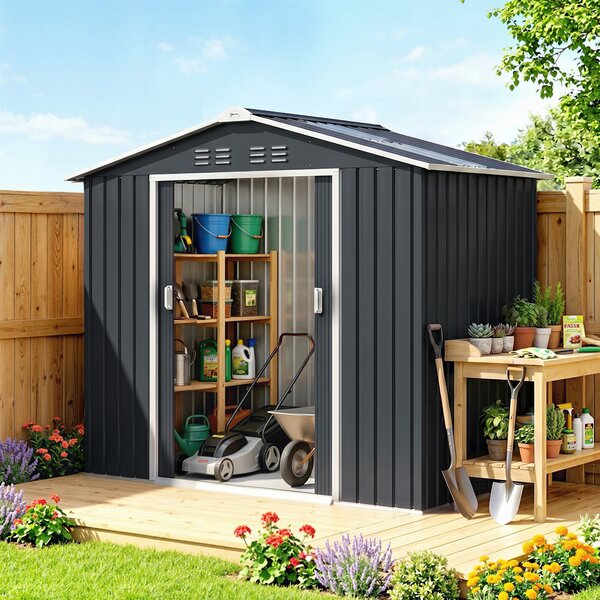 Outsunny Magazie de grădină metalică 2,77 m², 213 x 130 x 185 cm cu fundație, uși culisante, gri închis | Aosom Romania