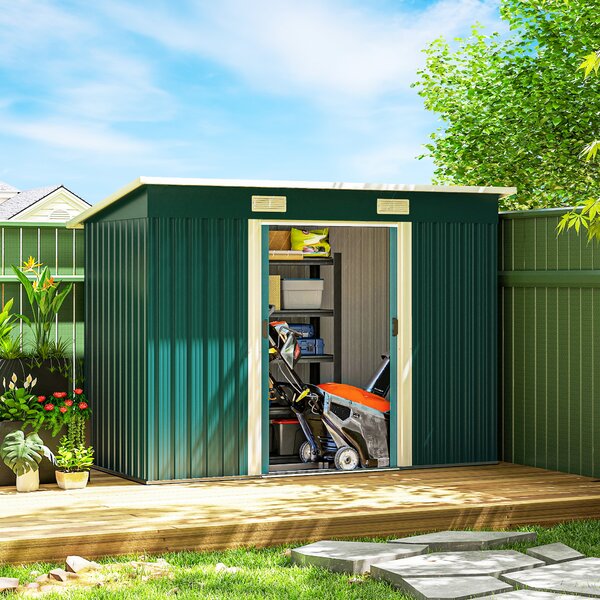 Outsunny Căsuță de Grădină 3,18m² din Oțel Zincat cu 2 Guri de Aerisire, Depozit pentru Unelte cu Uși Duble Culisante, Acoperiș Înclinat, 272x134x182 cm, Verde Întunecat | Aosom Romania