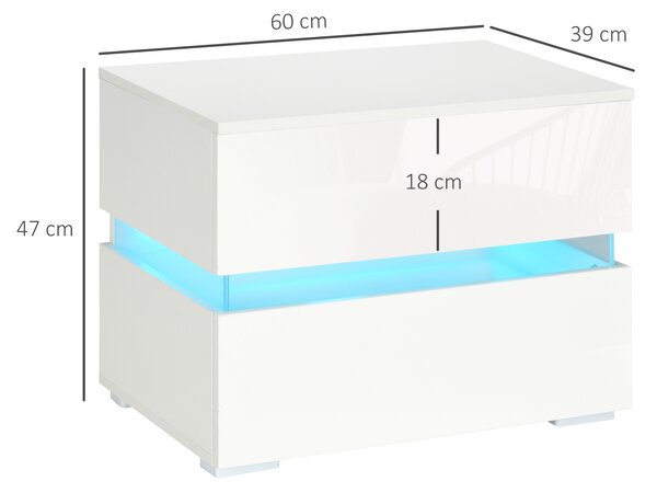 Noptieră cu LED HOMCOM | 2 Sertare cu Luciu | LED-uri RGB cu 16 Culori și 4 Moduri | Telecomandă | Alb | Aosom Romania