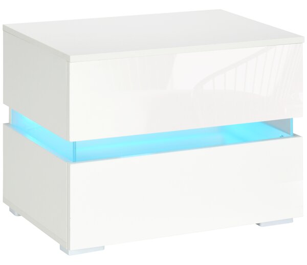 Noptieră cu LED HOMCOM | 2 Sertare cu Luciu | LED-uri RGB cu 16 Culori și 4 Moduri | Telecomandă | Alb | Aosom Romania