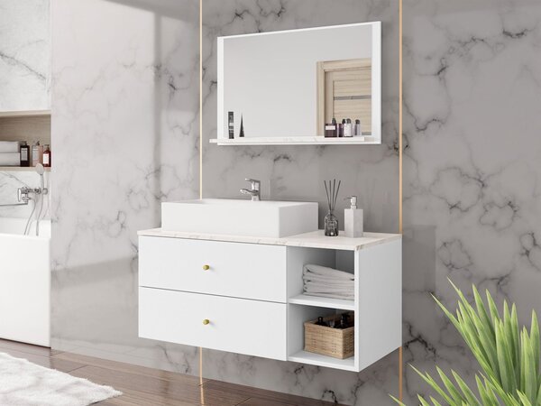 Mobilier baie Kiago I (alb mat + marmură bianco + auriu) (fără baterie, fără sifon, fără lavoar). 1103951