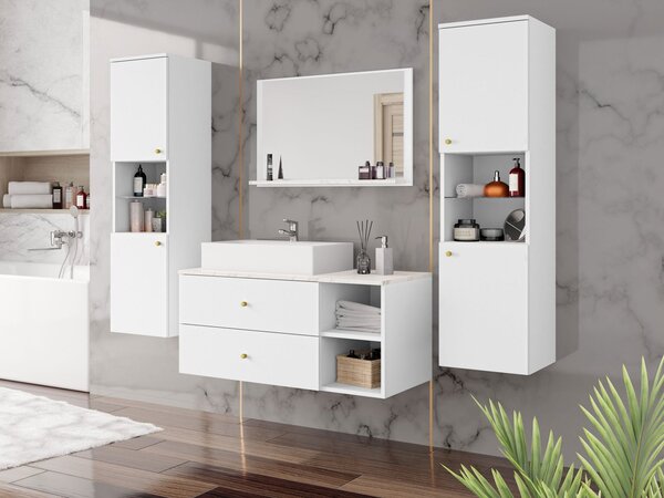 Mobilier baie Kiago III (alb mat + marmură bianco + auriu) (fără baterie, fără sifon, fără lavoar). 1103967