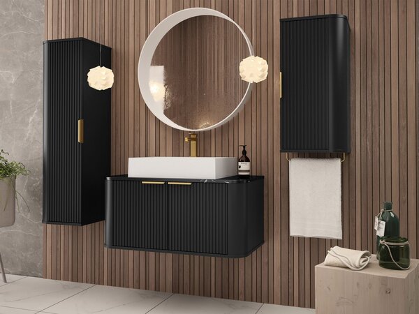 Z0ND0 Set mobilier baie Mekona I (Negru mat + Marmură Negru + auriu) (cu sifon). 1103873