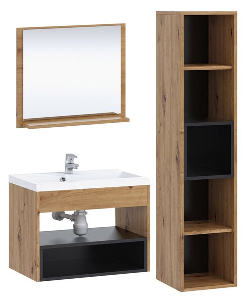 Z0ND0 Mobilier baie Olevaro I (Stejar artisan + Negru mat) (cu baterie Economico BYU 020M și sifon). 1104033