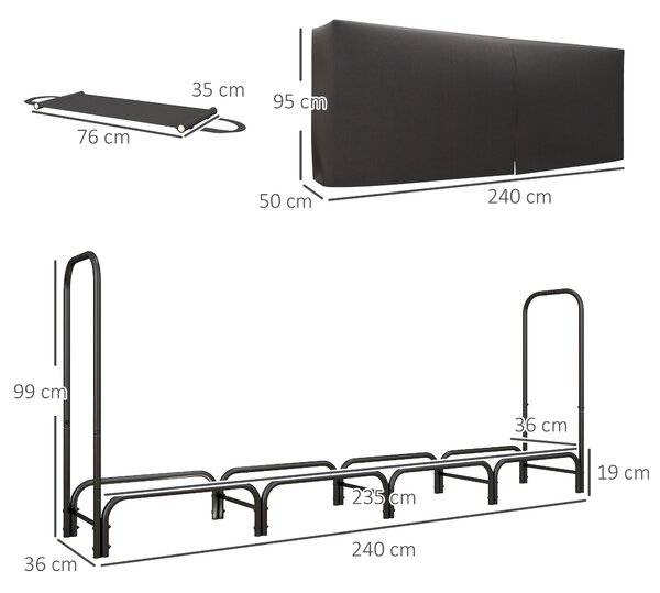 Outsunny Suport pentru Lemne din Metal cu Suport Reglabil, Geantă de Transport și Husă Impermeabilă, 240x36x99 cm, Negru | Aosom Romania