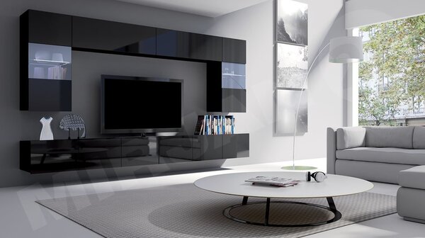 Mobilier living Brolani I (Negru + lucios negru) (cu iluminat LED albastru). 1104539