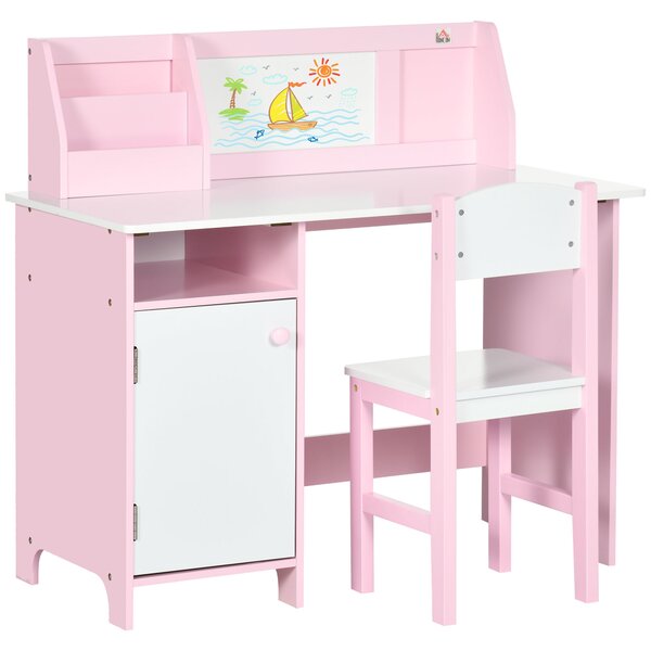 HOMCOM Set Masă și Scaune pentru Copii 5-8 Ani cu Spațiu de Depozitare, Tablă și Scaun, 90x45x85 cm, Roz | Aosom Romania