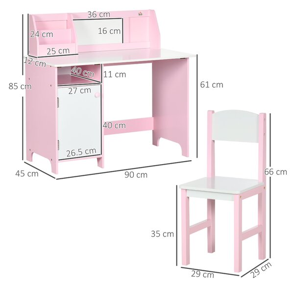 HOMCOM Set Masă și Scaune pentru Copii 5-8 Ani cu Spațiu de Depozitare, Tablă și Scaun, 90x45x85 cm, Roz | Aosom Romania