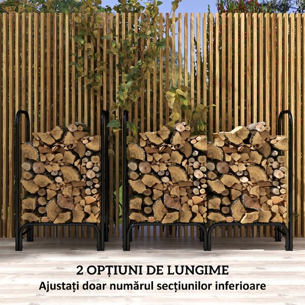 Outsunny Suport pentru Lemne din Metal cu Rastel Reglabil, Geantă de Pânză și Husă Impermeabilă, 120x36x99 cm, Negru | Aosom Romania