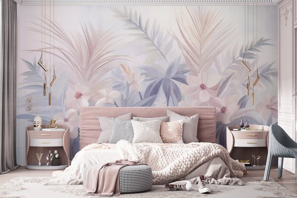 Tapet Flori tropicale și frunze de palmier în nuanțe discrete de albastru și roz, în stil pictural, Imagini de fundal unice, w09832 : Uwalls.ro