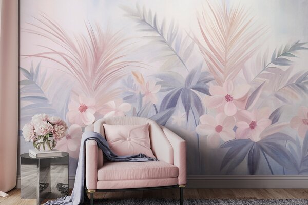 Tapet Flori tropicale și frunze de palmier în nuanțe discrete de albastru și roz, în stil pictural, Imagini de fundal unice, w09832 : Uwalls.ro
