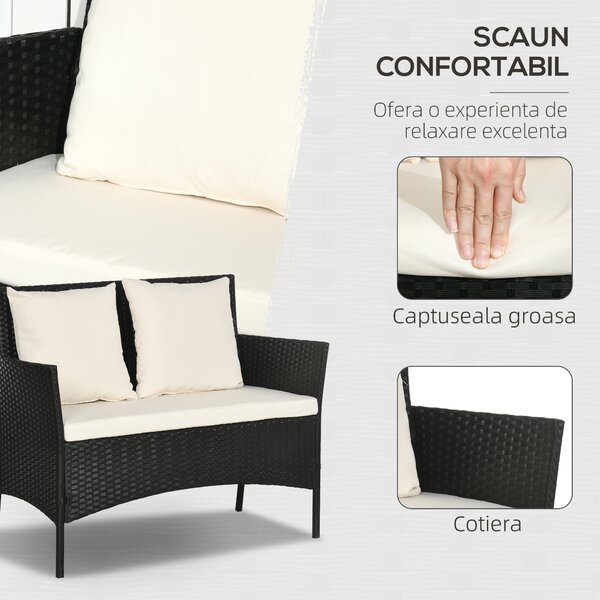 Outsunny Set Mobilier Grădină Ratan 4 Piese, 2 Scaune, Fotoliu 2 Locuri, Măsuță Cafea, Negru Crem | Aosom Romania