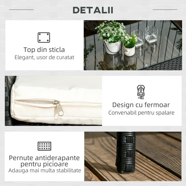 Outsunny Set Mobilier Grădină Ratan 4 Piese, 2 Scaune, Fotoliu 2 Locuri, Măsuță Cafea, Negru Crem | Aosom Romania