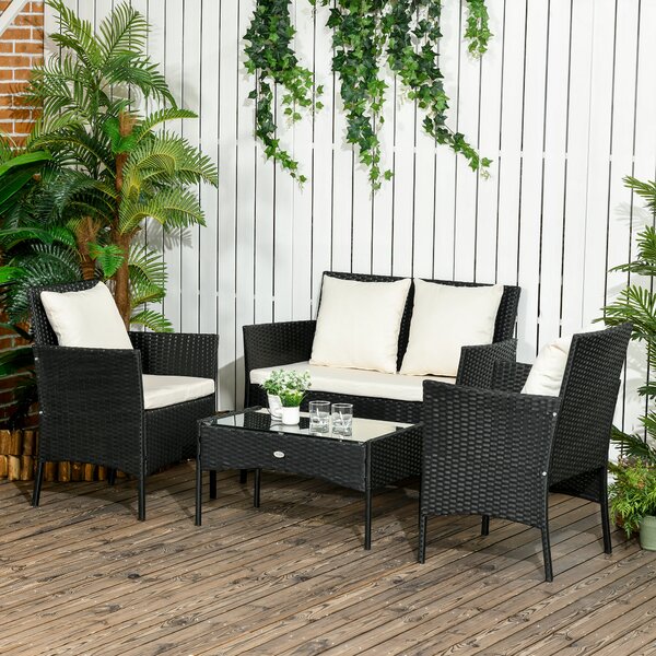 Outsunny Set Mobilier Grădină Ratan 4 Piese, 2 Scaune, Fotoliu 2 Locuri, Măsuță Cafea, Negru Crem | Aosom Romania