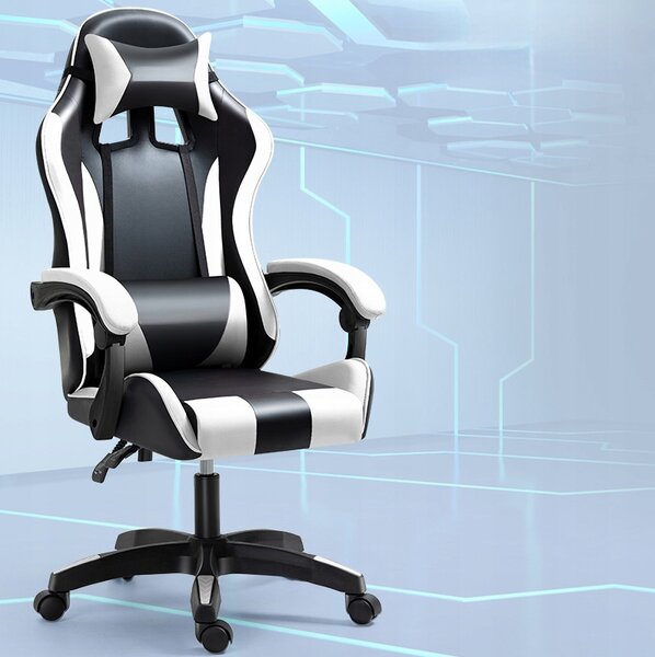 Scaun alb-negru de gaming foarte confortabil