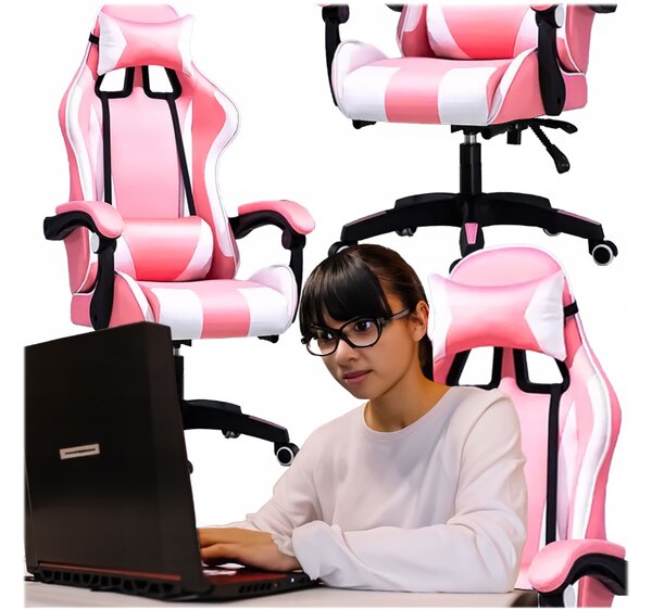 Scaun de gaming, cu tetieră, alb-roz