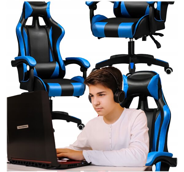 Scaun de gaming confortabil cu pernă în negru și albastru