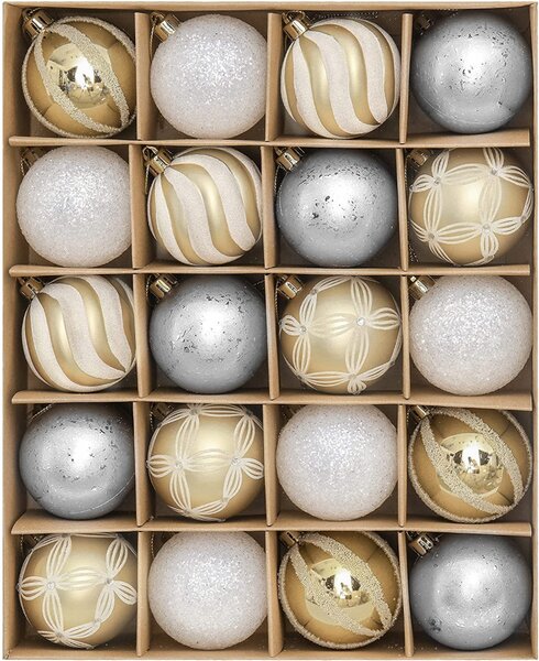 Set de 20 globuri Valery Madelyn, plastic, alb/auriu, 6 cm
