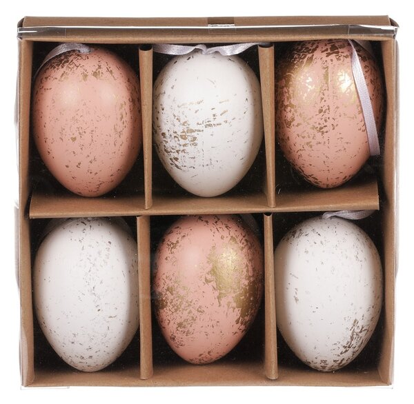 Set de ouă artificiale de Paște decorate cu auriu, roz și alb, 6 buc