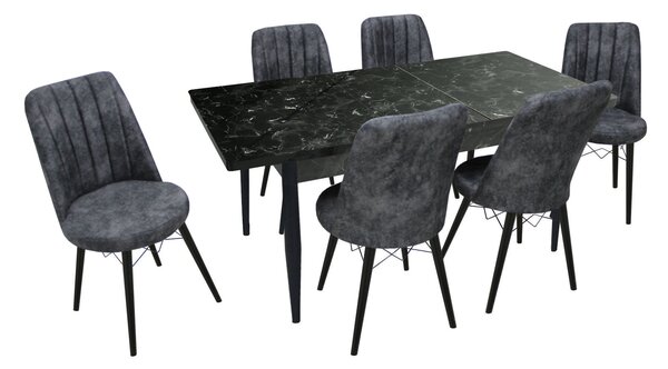 Set masă extensibilă Aris Negru Marmorat cu 6 scaune Apollo Gri Închis Picior Negru