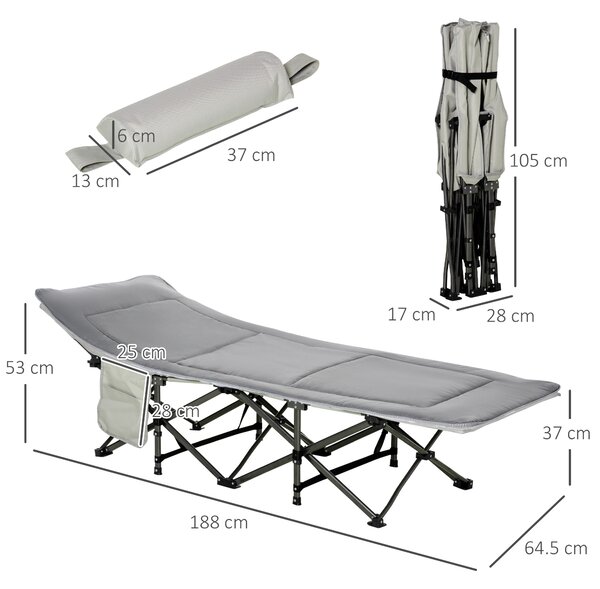 Outsunny Pat Pliabil pentru Camping cu Buzunare de Depozitare și Geantă de Transport, Pat pentru Camping, 188x64.5x53 cm, Gri | Aosom Romania