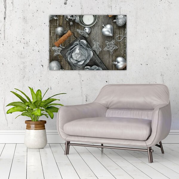 Tablou - decorațiuni argintii de Crăciun (70x50 cm)