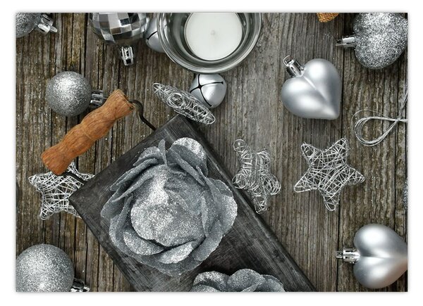 Tablou - decorațiuni argintii de Crăciun (70x50 cm)
