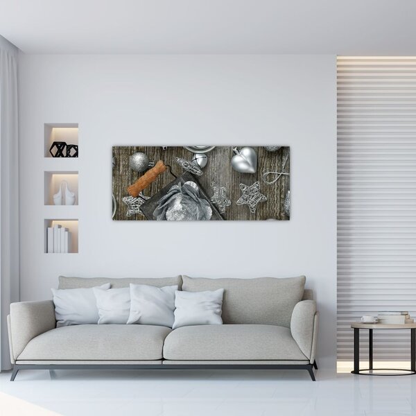 Tablou - decorațiuni argintii de Crăciun (120x50 cm)